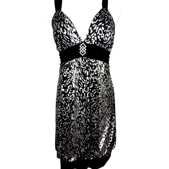 VTG Y2K Taboo Baddie Babydoll Black Silver Metallic Cheetah Print Mini Dress - Picture 1 of 11